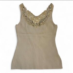 Cache NEW deadstock vintage beige nylon knit gold sequin embellished tank Size L